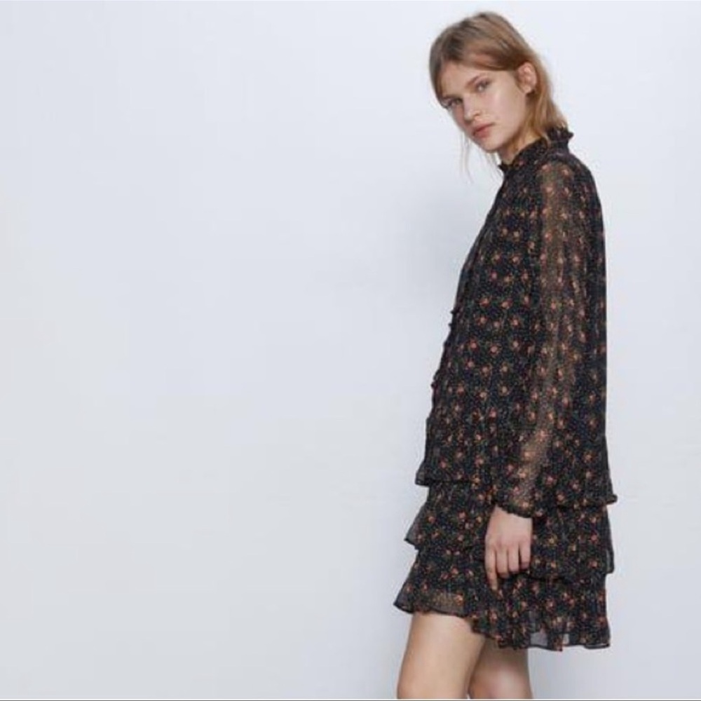 Zara Tiered Black Floral Mini Dress
